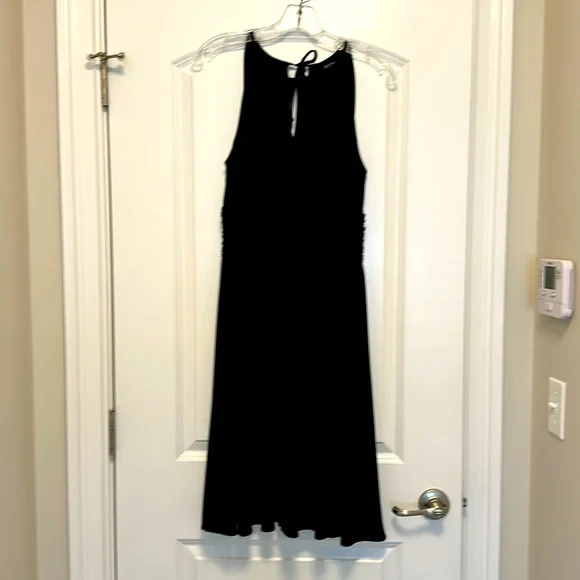 white house black market black cocktail dress Joseph Ribkoff Black/Rose Gold Rose Appliqué Sheer Yoke Dress 244201 —  AfterRetail main image 1